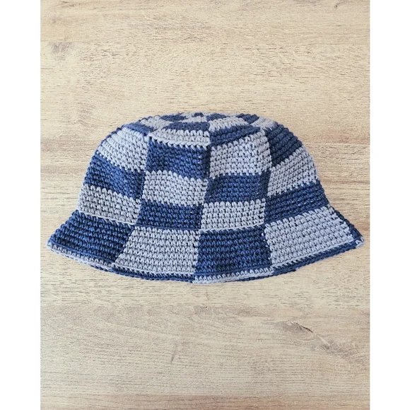 Checkered Crochet Bucket Hat - Navy/Gray (Handmade) - Picture 9 of 11